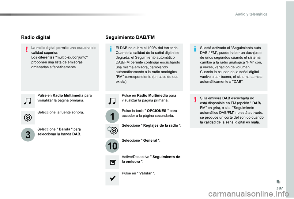 TOYOTA PROACE VERSO 2019 Manuale de Empleo (in Spanish) 387
1
10
3
ProaceVerso_es_Chap10b_NAC-1_ed01-2019
Seleccione la fuente sonora.
Pulse en Radio Multimedia para visualizar la página primaria.
Seleccione " Banda " para seleccionar la banda DAB TOYOTA PROACE VERSO 2019 Manuale de Empleo (in Spanish) 387
1
10
3
ProaceVerso_es_Chap10b_NAC-1_ed01-2019
Seleccione la fuente sonora.
Pulse en Radio Multimedia para visualizar la página primaria.
Seleccione " Banda " para seleccionar la banda DAB