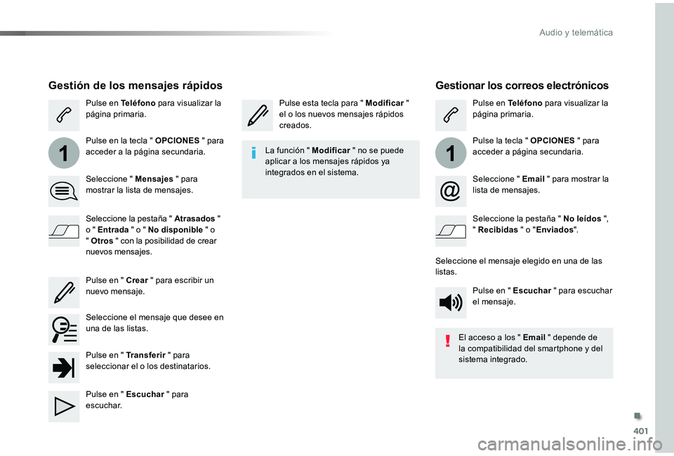TOYOTA PROACE VERSO 2019 Manuale de Empleo (in Spanish) 401
11
ProaceVerso_es_Chap10b_NAC-1_ed01-2019
Gestionar los correos electrónicos
Pulse esta tecla para " Modificar " el o los nuevos mensajes rápidos creados.
Pulse en Teléfono para visual TOYOTA PROACE VERSO 2019 Manuale de Empleo (in Spanish) 401
11
ProaceVerso_es_Chap10b_NAC-1_ed01-2019
Gestionar los correos electrónicos
Pulse esta tecla para " Modificar " el o los nuevos mensajes rápidos creados.
Pulse en Teléfono para visual