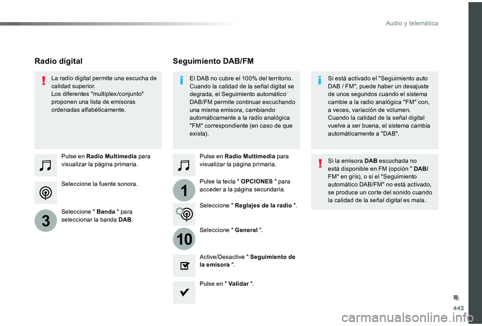 TOYOTA PROACE VERSO 2019 Manuale de Empleo (in Spanish) 443
1
10
3
ProaceVerso_es_Chap10c_RCC-1_ed01-2019
Seleccione la fuente sonora.
Pulse en Radio Multimedia para visualizar la página primaria.
Seleccione " Banda " para seleccionar la banda DAB TOYOTA PROACE VERSO 2019 Manuale de Empleo (in Spanish) 443
1
10
3
ProaceVerso_es_Chap10c_RCC-1_ed01-2019
Seleccione la fuente sonora.
Pulse en Radio Multimedia para visualizar la página primaria.
Seleccione " Banda " para seleccionar la banda DAB
