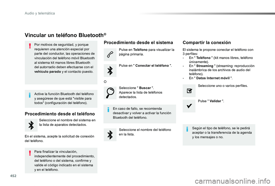TOYOTA PROACE VERSO 2019 Manuale de Empleo (in Spanish) 452
ProaceVerso_es_Chap10c_RCC-1_ed01-2019
Vincular un teléfono Bluetooth®
Por motivos de seguridad, y porque requieren una atención especial por parte del conductor, las operaciones de vinculació TOYOTA PROACE VERSO 2019 Manuale de Empleo (in Spanish) 452
ProaceVerso_es_Chap10c_RCC-1_ed01-2019
Vincular un teléfono Bluetooth®
Por motivos de seguridad, y porque requieren una atención especial por parte del conductor, las operaciones de vinculació