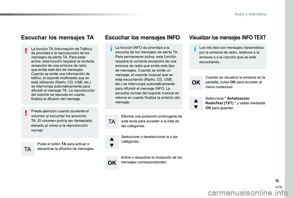TOYOTA PROACE VERSO 2019 Manuale de Empleo (in Spanish) 479
ProaceVerso_es_Chap10d_RD6_ed01-2019
Escuchar los mensajes TA
Pulse el botón TA para activar o desactivar la difusión de mensajes.
La función TA (Información de Tráfico) da prioridad a la rep TOYOTA PROACE VERSO 2019 Manuale de Empleo (in Spanish) 479
ProaceVerso_es_Chap10d_RD6_ed01-2019
Escuchar los mensajes TA
Pulse el botón TA para activar o desactivar la difusión de mensajes.
La función TA (Información de Tráfico) da prioridad a la rep