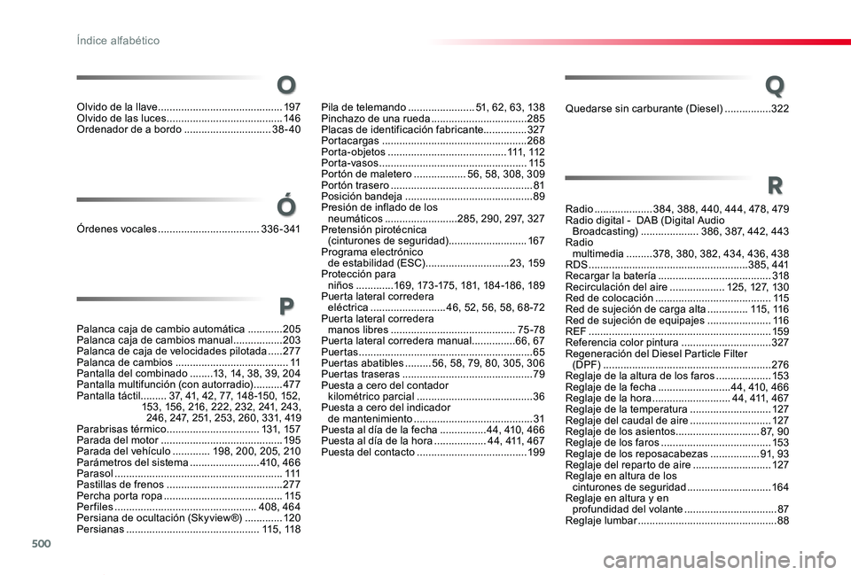 TOYOTA PROACE VERSO 2019 Manuale de Empleo (in Spanish) 500
ProaceVerso_es_Chap11_index-alpha_ed01-2019
Quedarse sin carburante (Diesel) ................322
Radio ....................384, 388, 440, 444, 478, 479Radio digital - DAB (Digital Audio Broadcast TOYOTA PROACE VERSO 2019 Manuale de Empleo (in Spanish) 500
ProaceVerso_es_Chap11_index-alpha_ed01-2019
Quedarse sin carburante (Diesel) ................322
Radio ....................384, 388, 440, 444, 478, 479Radio digital - DAB (Digital Audio Broadcast
