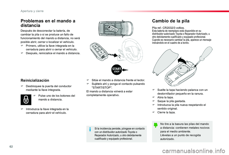 TOYOTA PROACE VERSO 2019 Manuale de Empleo (in Spanish) 62
ProaceVerso_es_Chap02_ouvertures_ed01-2019
Cambio de la pila
Pila ref.: CR2032/3 voltios.Esta batería de reemplazo está disponible en su distribuidor autorizado Toyota o Reparador Autorizado, u o TOYOTA PROACE VERSO 2019 Manuale de Empleo (in Spanish) 62
ProaceVerso_es_Chap02_ouvertures_ed01-2019
Cambio de la pila
Pila ref.: CR2032/3 voltios.Esta batería de reemplazo está disponible en su distribuidor autorizado Toyota o Reparador Autorizado, u o