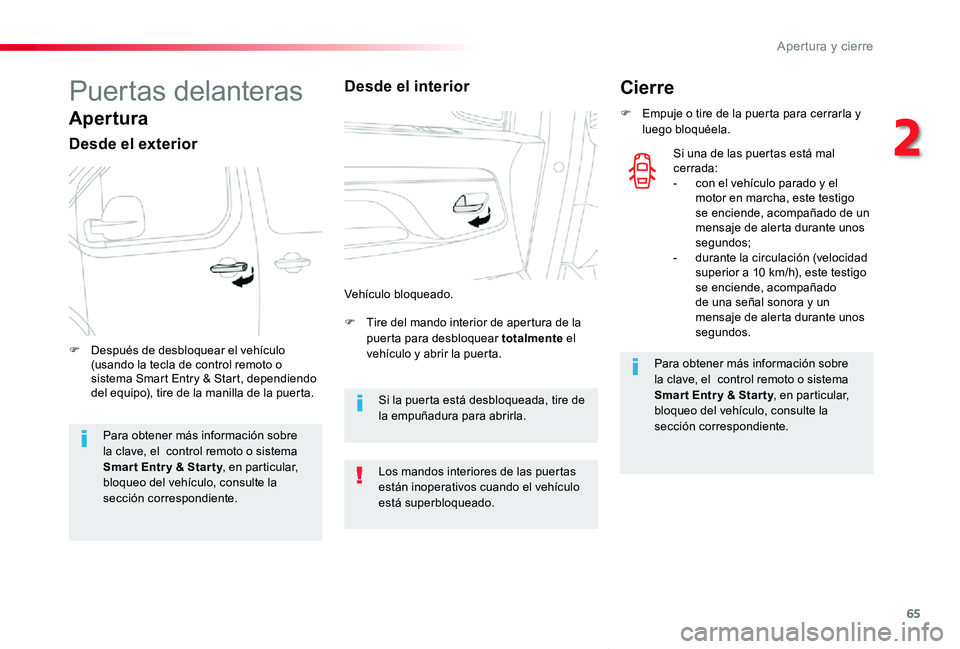 TOYOTA PROACE VERSO 2019 Manuale de Empleo (in Spanish) 65
ProaceVerso_es_Chap02_ouvertures_ed01-2019
Puertas delanteras
Apertura
Desde el exterior
F Tire del mando interior de apertura de la puerta para desbloquear totalmente el vehículo y abrir la puert TOYOTA PROACE VERSO 2019 Manuale de Empleo (in Spanish) 65
ProaceVerso_es_Chap02_ouvertures_ed01-2019
Puertas delanteras
Apertura
Desde el exterior
F Tire del mando interior de apertura de la puerta para desbloquear totalmente el vehículo y abrir la puert