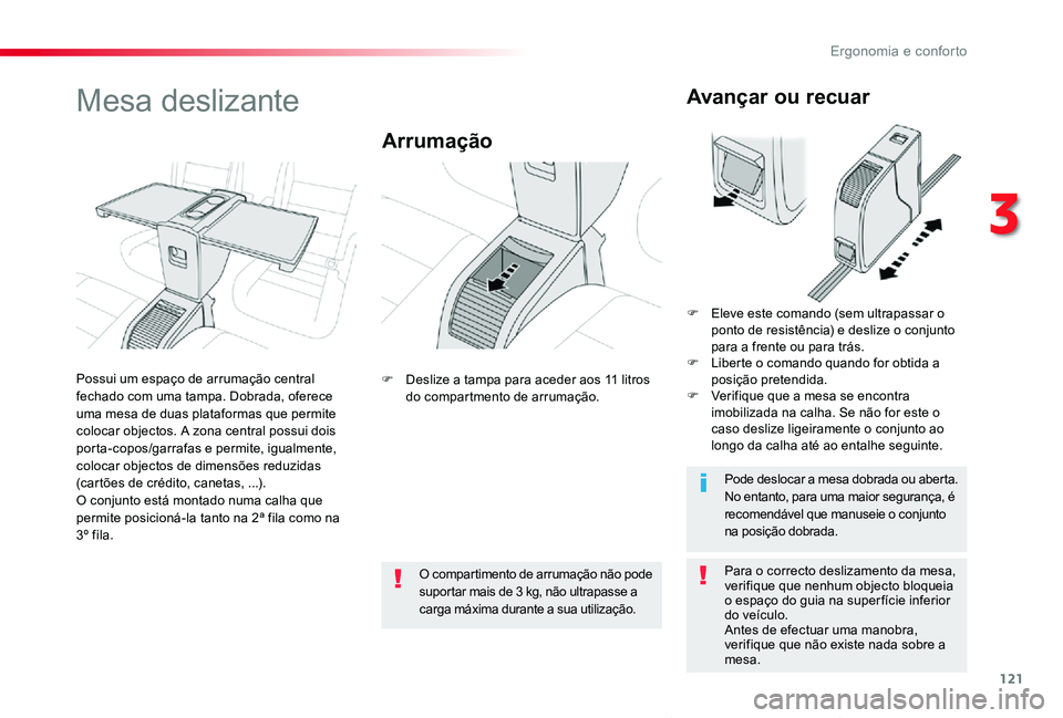 TOYOTA PROACE VERSO 2019 Manual de utilização (in Portuguese) 121
ProaceVerso_pt_Chap03_ergonomie-et-confort_ed01-2019
Mesa deslizante
Arrumação
Para o correcto deslizamento da mesa, verifique que nenhum objecto bloqueia o espaço do guia na super fície infer TOYOTA PROACE VERSO 2019 Manual de utilização (in Portuguese) 121
ProaceVerso_pt_Chap03_ergonomie-et-confort_ed01-2019
Mesa deslizante
Arrumação
Para o correcto deslizamento da mesa, verifique que nenhum objecto bloqueia o espaço do guia na super fície infer