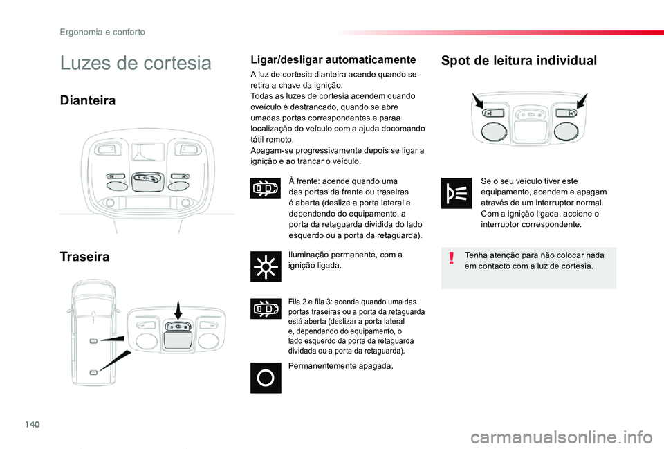 TOYOTA PROACE VERSO 2019 Manual de utilização (in Portuguese) 140
ProaceVerso_pt_Chap03_ergonomie-et-confort_ed01-2019
Spot de leitura individual
Traseira
Luzes de cortesiaLigar/desligar automaticamente
A luz de cortesia dianteira acende quando se retira a chave TOYOTA PROACE VERSO 2019 Manual de utilização (in Portuguese) 140
ProaceVerso_pt_Chap03_ergonomie-et-confort_ed01-2019
Spot de leitura individual
Traseira
Luzes de cortesiaLigar/desligar automaticamente
A luz de cortesia dianteira acende quando se retira a chave