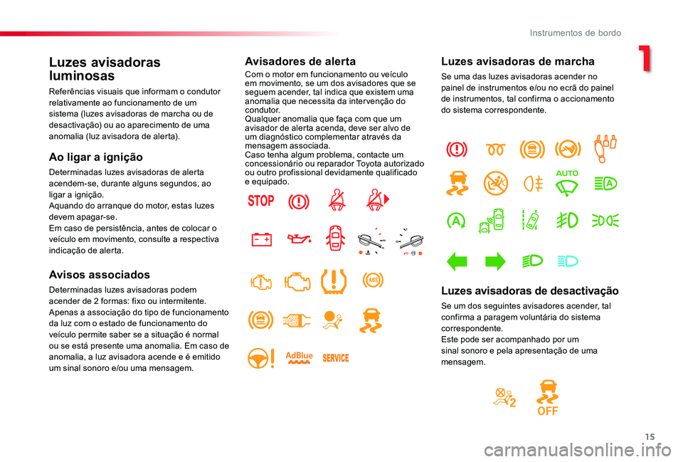 TOYOTA PROACE VERSO 2019 Manual de utilização (in Portuguese) 15
ProaceVerso_pt_Chap01_instruments-de-bord_ed01-2019
Luzes avisadoras
luminosas
Referências visuais que informam o condutor relativamente ao funcionamento de um sistema (luzes avisadoras de marcha TOYOTA PROACE VERSO 2019 Manual de utilização (in Portuguese) 15
ProaceVerso_pt_Chap01_instruments-de-bord_ed01-2019
Luzes avisadoras
luminosas
Referências visuais que informam o condutor relativamente ao funcionamento de um sistema (luzes avisadoras de marcha