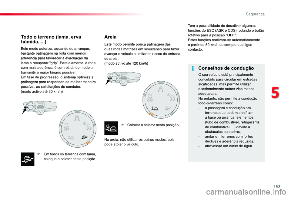 TOYOTA PROACE VERSO 2019 Manual de utilização (in Portuguese) 163
ProaceVerso_pt_Chap05_securite_ed01-2019
Este modo autoriza, aquando do arranque, bastante patinagem na roda com menos aderência para favorecer a evacuação da lama e recuperar "grip". P TOYOTA PROACE VERSO 2019 Manual de utilização (in Portuguese) 163
ProaceVerso_pt_Chap05_securite_ed01-2019
Este modo autoriza, aquando do arranque, bastante patinagem na roda com menos aderência para favorecer a evacuação da lama e recuperar "grip". P