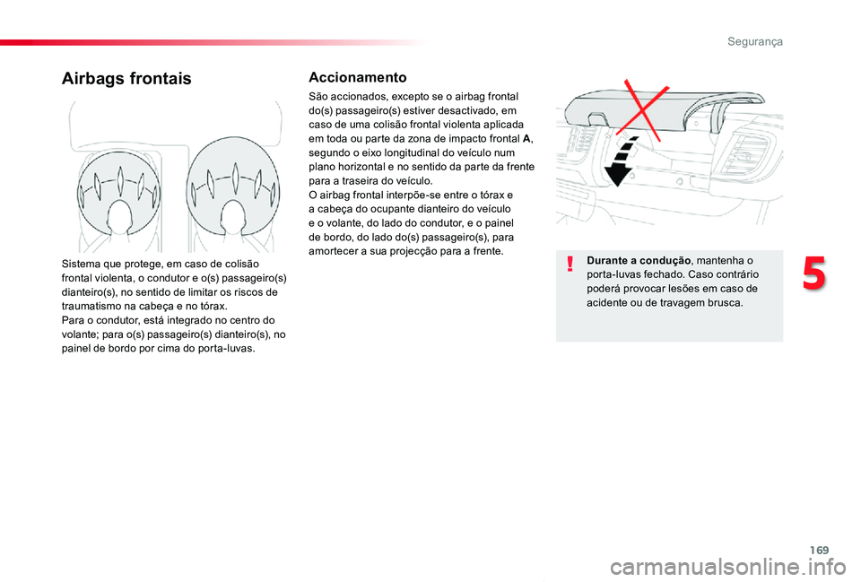 TOYOTA PROACE VERSO 2019 Manual de utilização (in Portuguese) 169
ProaceVerso_pt_Chap05_securite_ed01-2019
Airbags frontaisAccionamento
São accionados, excepto se o airbag frontal do(s) passageiro(s) estiver desactivado, em caso de uma colisão frontal violenta TOYOTA PROACE VERSO 2019 Manual de utilização (in Portuguese) 169
ProaceVerso_pt_Chap05_securite_ed01-2019
Airbags frontaisAccionamento
São accionados, excepto se o airbag frontal do(s) passageiro(s) estiver desactivado, em caso de uma colisão frontal violenta
