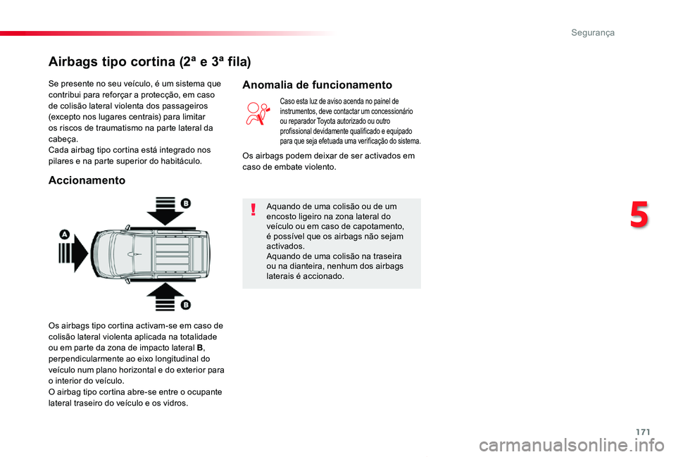 TOYOTA PROACE VERSO 2019 Manual de utilização (in Portuguese) 171
ProaceVerso_pt_Chap05_securite_ed01-2019
Se presente no seu veículo, é um sistema que contribui para reforçar a protecção, em caso de colisão lateral violenta dos passageiros (excepto nos lu TOYOTA PROACE VERSO 2019 Manual de utilização (in Portuguese) 171
ProaceVerso_pt_Chap05_securite_ed01-2019
Se presente no seu veículo, é um sistema que contribui para reforçar a protecção, em caso de colisão lateral violenta dos passageiros (excepto nos lu