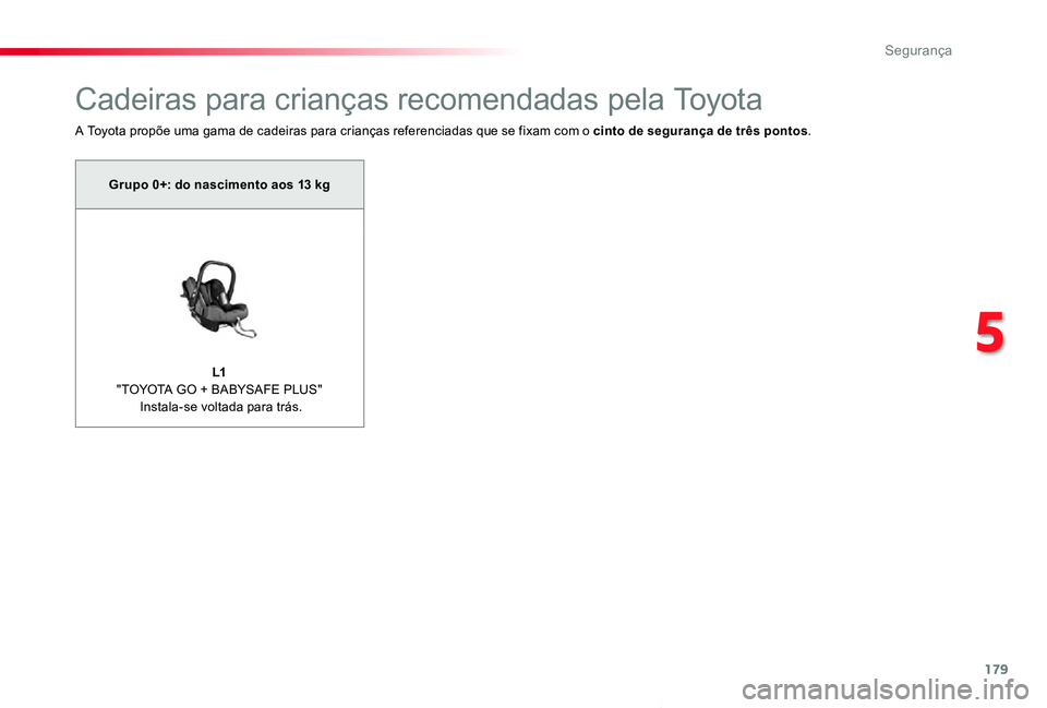 TOYOTA PROACE VERSO 2019  Manual de utilização (in Portuguese) 179
ProaceVerso_pt_Chap05_securite_ed01-2019
Cadeiras para crianças recomendadas pela Toyota
A Toyota propõe uma gama de cadeiras para crianças referenciadas que se fixam com o cinto de segurança 