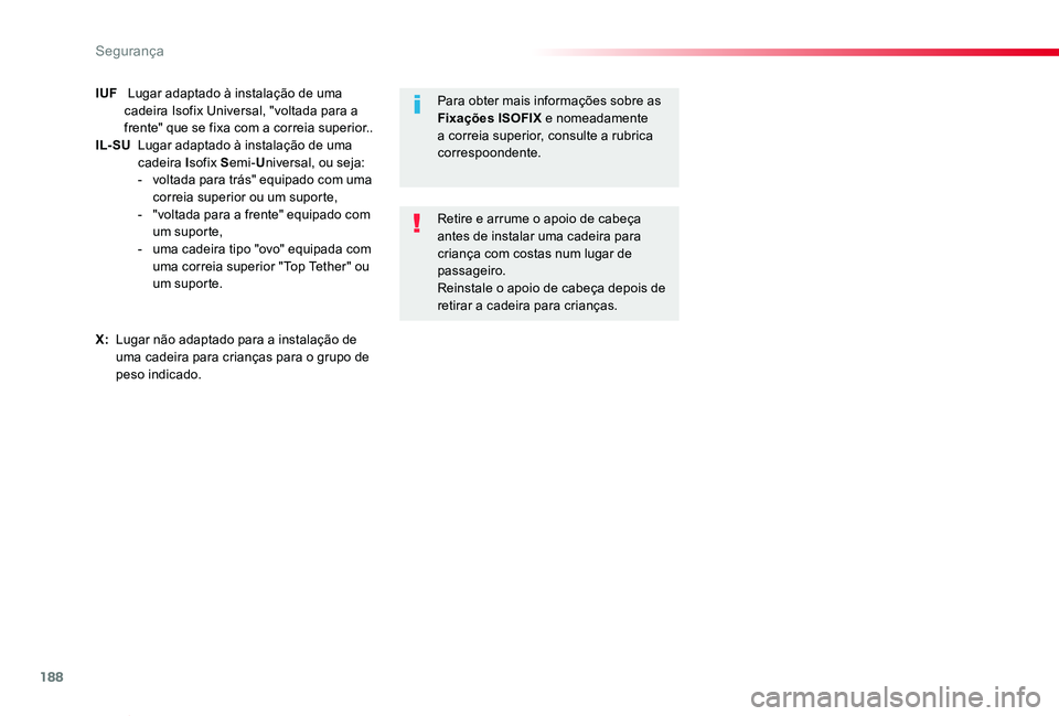 TOYOTA PROACE VERSO 2019  Manual de utilização (in Portuguese) 188
ProaceVerso_pt_Chap05_securite_ed01-2019
IUF    Lugar adaptado à instalação de uma cadeira Isofix Universal, "voltada para a frente" que se fixa com a correia superior..IL- SU   Lugar a