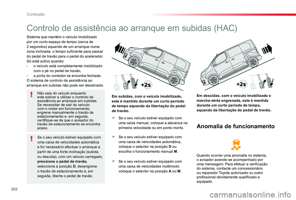 TOYOTA PROACE VERSO 2019 Manual de utilização (in Portuguese) 202
ProaceVerso_pt_Chap06_conduite_ed01-2019
Controlo de assistência ao arranque em subidas (HAC)
Sistema que mantém o veículo imobilizado por um curto espaço de tempo (cerca de 2 segundos) aquand TOYOTA PROACE VERSO 2019 Manual de utilização (in Portuguese) 202
ProaceVerso_pt_Chap06_conduite_ed01-2019
Controlo de assistência ao arranque em subidas (HAC)
Sistema que mantém o veículo imobilizado por um curto espaço de tempo (cerca de 2 segundos) aquand