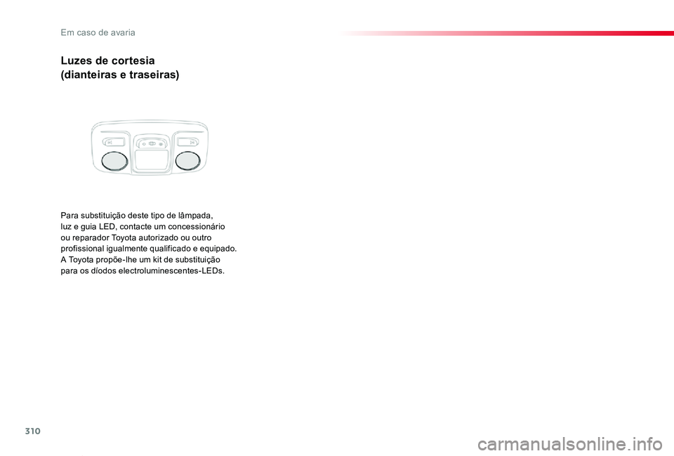 TOYOTA PROACE VERSO 2019  Manual de utilização (in Portuguese) 310
ProaceVerso_pt_Chap08_En-cas-de-panne_ed01-2019
Luzes de cortesia
(dianteiras e traseiras)
Para substituição deste tipo de lâmpada, luz e guia LED, contacte um concessionário ou reparador Toyo