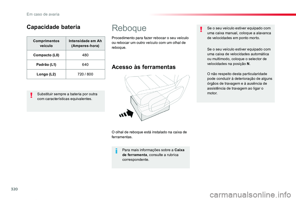 TOYOTA PROACE VERSO 2019  Manual de utilização (in Portuguese) 320
ProaceVerso_pt_Chap08_En-cas-de-panne_ed01-2019
Capacidade bateria
Comprimentos veículoIntensidade em Ah (Amperes-hora)
Compacto (L0)480
Padrão (L1)640
Longo (L2)720 / 800
Substituir sempre a ba