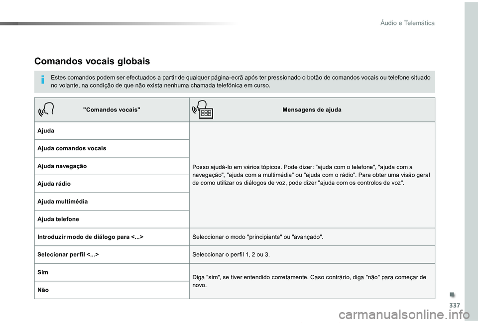 TOYOTA PROACE VERSO 2019  Manual de utilização (in Portuguese) 337
ProaceVerso_pt_Chap10b_NAC-1_ed01-2019
Comandos vocais globais
Estes comandos podem ser efectuados a partir de qualquer página-ecrã após ter pressionado o botão de comandos vocais ou telefone 
