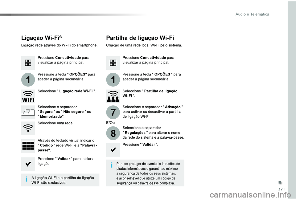 TOYOTA PROACE VERSO 2019 Manual de utilização (in Portuguese) 371
11
7
8
ProaceVerso_pt_Chap10b_NAC-1_ed01-2019
Ligação Wi-Fi®Partilha de ligação Wi-Fi
Para se proteger de eventuais intrusões de piratas informáticos e garantir ao máximo a segurança de t TOYOTA PROACE VERSO 2019 Manual de utilização (in Portuguese) 371
11
7
8
ProaceVerso_pt_Chap10b_NAC-1_ed01-2019
Ligação Wi-Fi®Partilha de ligação Wi-Fi
Para se proteger de eventuais intrusões de piratas informáticos e garantir ao máximo a segurança de t