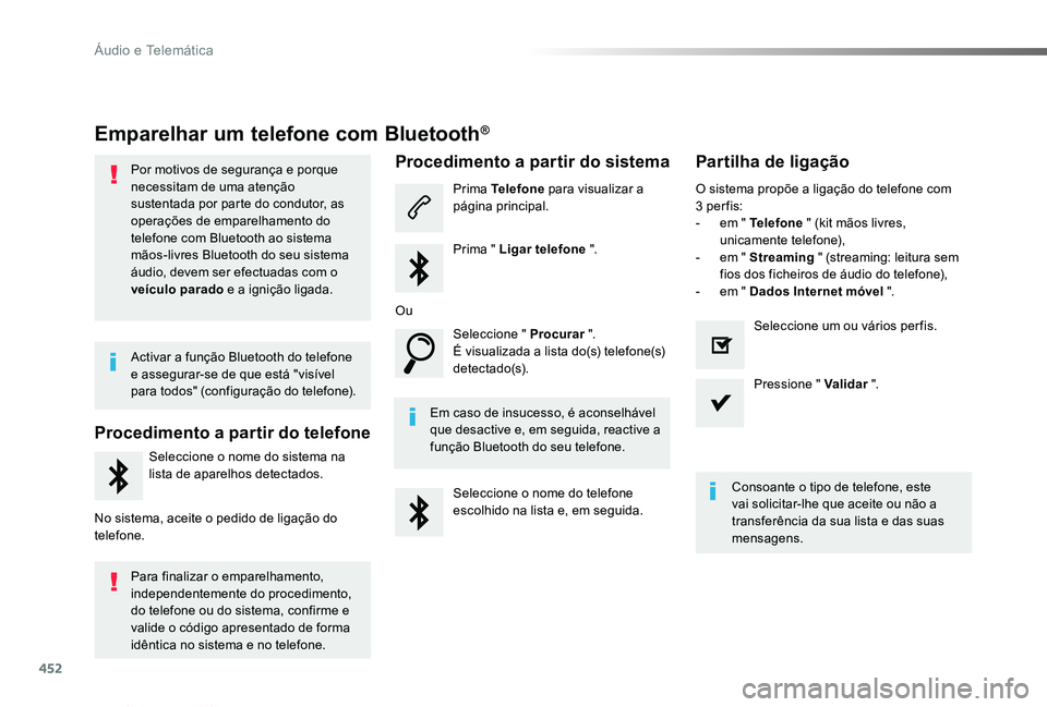 TOYOTA PROACE VERSO 2019 Manual de utilização (in Portuguese) 452
ProaceVerso_pt_Chap10c_RCC-1_ed01-2019
Emparelhar um telefone com Bluetooth®
Por motivos de segurança e porque necessitam de uma atenção sustentada por parte do condutor, as operações de emp TOYOTA PROACE VERSO 2019 Manual de utilização (in Portuguese) 452
ProaceVerso_pt_Chap10c_RCC-1_ed01-2019
Emparelhar um telefone com Bluetooth®
Por motivos de segurança e porque necessitam de uma atenção sustentada por parte do condutor, as operações de emp