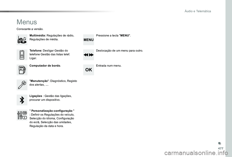 TOYOTA PROACE VERSO 2019  Manual de utilização (in Portuguese) 477
ProaceVerso_pt_Chap10d_RD6_ed01-2019
Menus
Multimédia: Regulações de rádio, Regulações de média.
Consoante a versão.
Deslocação de um menu para outro.
Entrada num menu.Computador de bord