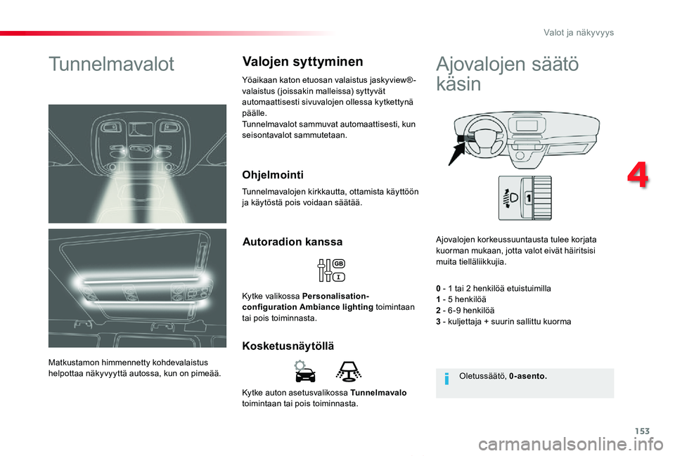 TOYOTA PROACE VERSO 2019  Omistajan Käsikirja (in Finnish) 153
ProaceVerso_fi_Chap04_eclairage-et-visibilite_ed01-2019
Kytke auton asetusvalikossa Tunnelmavalo toimintaan tai pois toiminnasta.
Kosketusnäytöllä
Autoradion kanssa
Kytke valikossa Personalisat