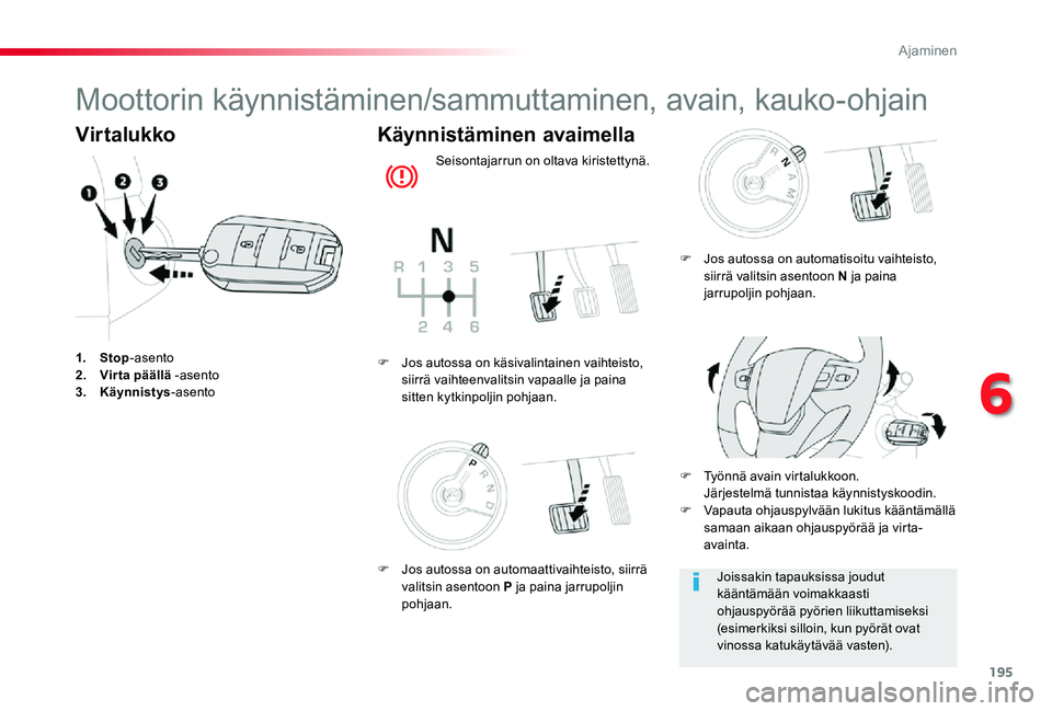 TOYOTA PROACE VERSO 2019  Omistajan Käsikirja (in Finnish) 195
ProaceVerso_fi_Chap06_conduite_ed01-2019
Moottorin käynnistäminen/sammuttaminen, avain, kauko-ohjain
Virtalukko
1. Stop-asento2. Virta päällä -asento3. Käynnistys-asento
Käynnistäminen ava