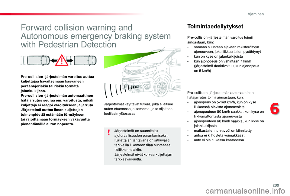 TOYOTA PROACE VERSO 2019  Omistajan Käsikirja (in Finnish) 239
ProaceVerso_fi_Chap06_conduite_ed01-2019
Forward collision warning and 
Autonomous emergency braking system 
with Pedestrian Detection
Toimintaedellytykset
Pre-collision -järjestelmän automaatti