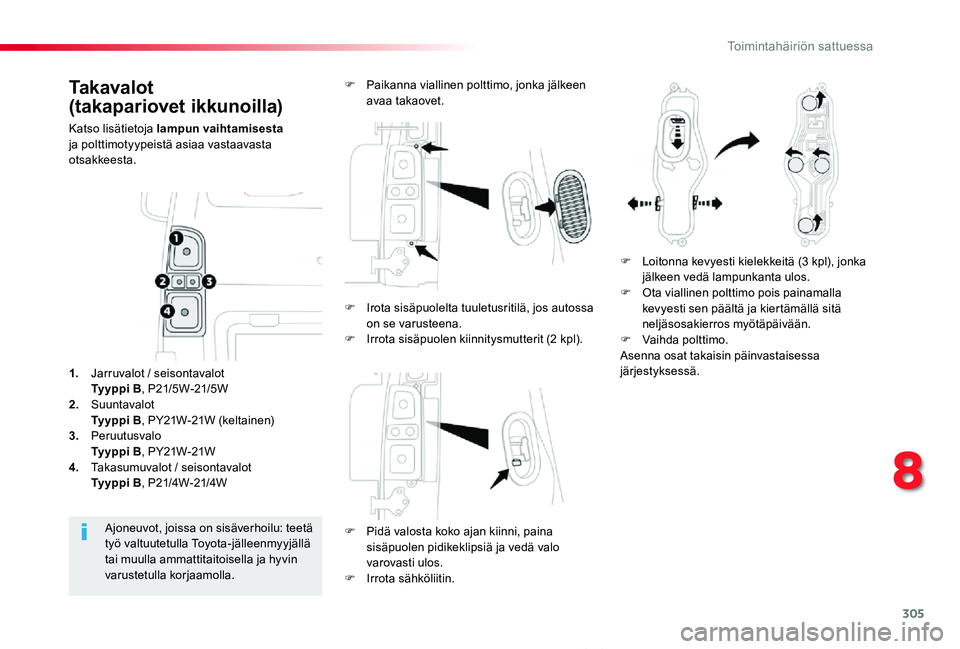 TOYOTA PROACE VERSO 2019  Omistajan Käsikirja (in Finnish) 305
ProaceVerso_fi_Chap08_En-cas-de-panne_ed01-2019
Takavalot  
(takapariovet ikkunoilla)
Katso lisätietoja lampun vaihtamisesta ja polttimotyypeistä asiaa vastaavasta otsakkeesta.
F Pidä valosta k