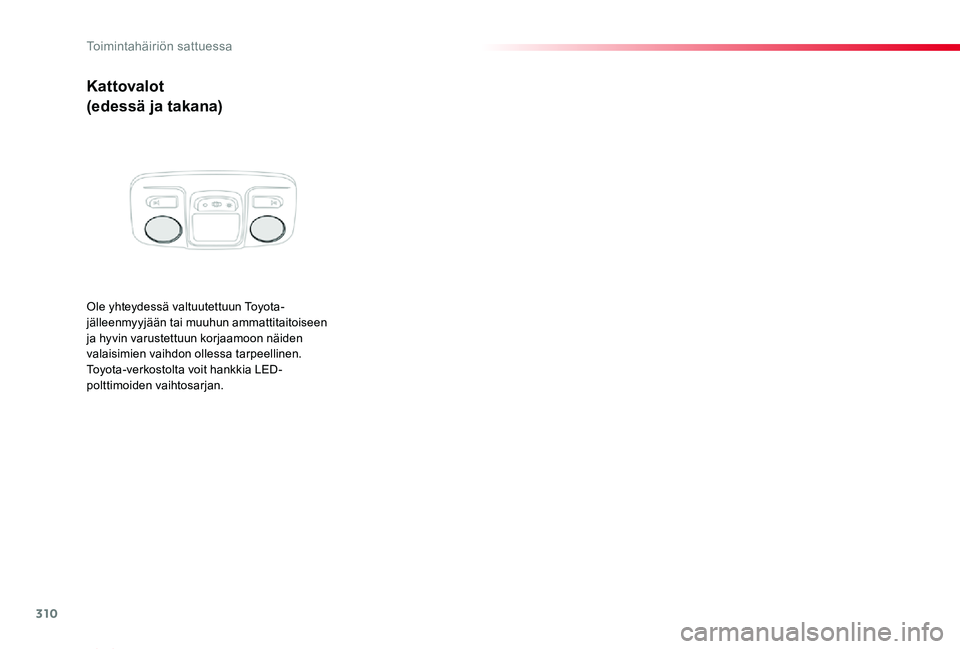 TOYOTA PROACE VERSO 2019  Omistajan Käsikirja (in Finnish) 310
ProaceVerso_fi_Chap08_En-cas-de-panne_ed01-2019
Kattovalot
(edessä ja takana)
Ole yhteydessä valtuutettuun Toyota-jälleenmyyjään tai muuhun ammattitaitoiseen ja hyvin varustettuun korjaamoon 