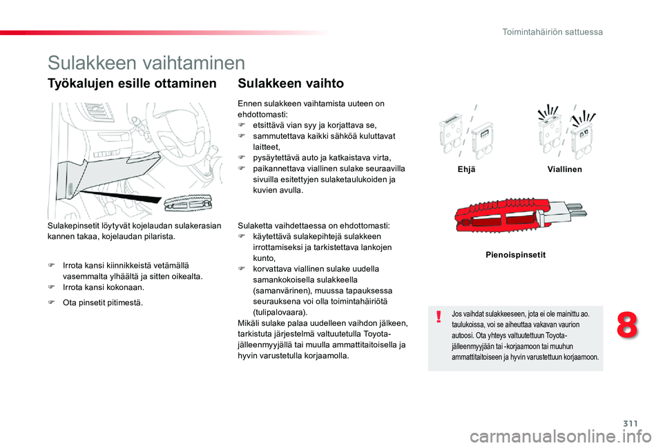 TOYOTA PROACE VERSO 2019  Omistajan Käsikirja (in Finnish) 311
ProaceVerso_fi_Chap08_En-cas-de-panne_ed01-2019
F Irrota kansi kiinnikkeistä vetämällä vasemmalta ylhäältä ja sitten oikealta.F Irrota kansi kokonaan.
EhjäViallinen
Pienoispinsetit
Työkal