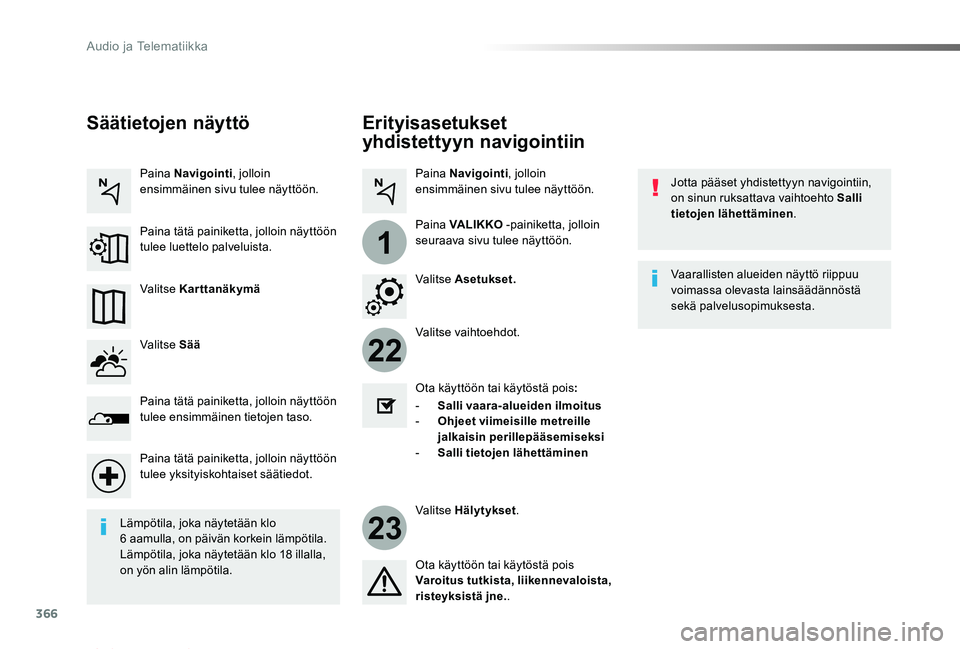 TOYOTA PROACE VERSO 2019  Omistajan Käsikirja (in Finnish) 366
22
23
1
ProaceVerso_fi_Chap10b_NAC-1_ed01-2019
Erityisasetukset 
yhdistettyyn navigointiin
Jotta pääset yhdistettyyn navigointiin, on sinun ruksattava vaihtoehto Salli tietojen lähettäminen.
V