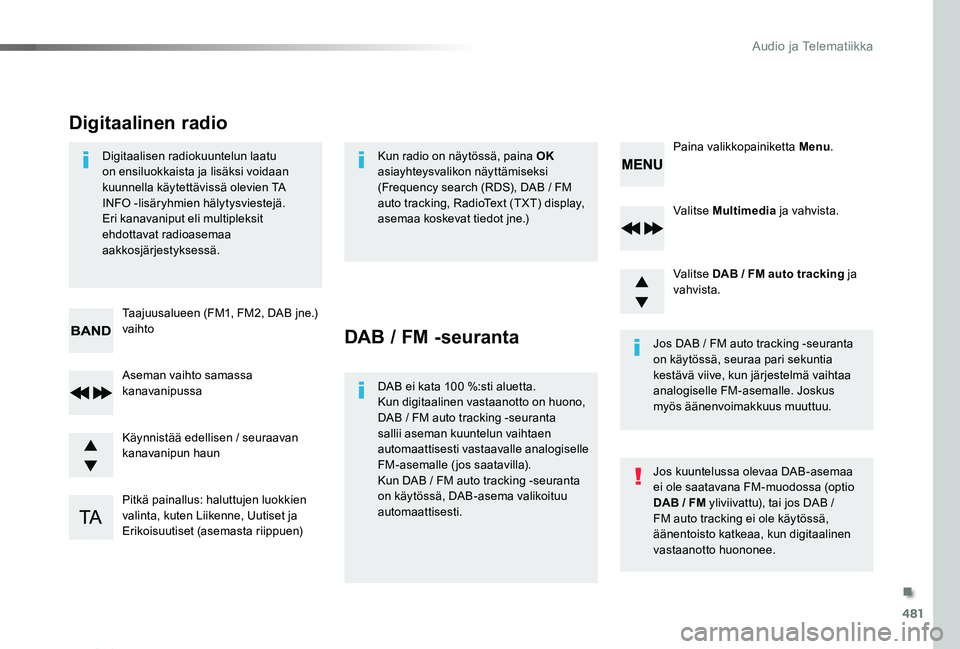 TOYOTA PROACE VERSO 2019 Omistajan Käsikirja (in Finnish) 481
ProaceVerso_fi_Chap10d_RD6_ed01-2019
Valitse Multimedia ja vahvista.
Valitse DAB / FM auto tracking ja vahvista.
Pitkä painallus: haluttujen luokkien valinta, kuten Liikenne, Uutiset ja Erikoisuu TOYOTA PROACE VERSO 2019 Omistajan Käsikirja (in Finnish) 481
ProaceVerso_fi_Chap10d_RD6_ed01-2019
Valitse Multimedia ja vahvista.
Valitse DAB / FM auto tracking ja vahvista.
Pitkä painallus: haluttujen luokkien valinta, kuten Liikenne, Uutiset ja Erikoisuu