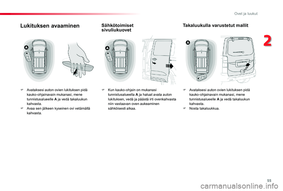 TOYOTA PROACE VERSO 2019  Omistajan Käsikirja (in Finnish) 55
ProaceVerso_fi_Chap02_ouvertures_ed01-2019
Lukituksen avaaminen
F Avataksesi auton ovien lukituksen pidä kauko-ohjainavain mukanasi, mene tunnistusalueelle A ja vedä takaluukun kahvasta.F Avaa se