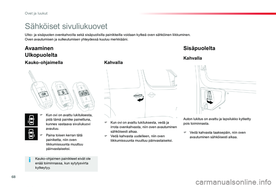 TOYOTA PROACE VERSO 2019  Omistajan Käsikirja (in Finnish) 68
ProaceVerso_fi_Chap02_ouvertures_ed01-2019
Sähköiset sivuliukuovet
Ulko- ja sisäpuolen ovenkahvoilla sekä sisäpuolisilla painikkeilla voidaan kytkeä oven sähköinen liikkuminen.Oven avautumi