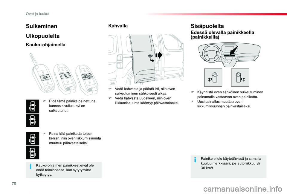 TOYOTA PROACE VERSO 2019  Omistajan Käsikirja (in Finnish) 70
ProaceVerso_fi_Chap02_ouvertures_ed01-2019
Kauko-ohjaimen painikkeet eivät ole enää toiminnassa, kun sytytysvirta kytkeytyy.
Sulkeminen
Ulkopuolelta
F Käynnistä oven sähköinen sulkeutuminen 