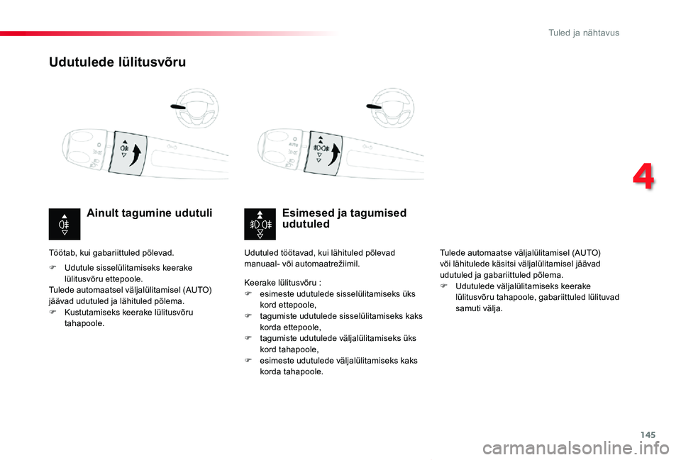 TOYOTA PROACE VERSO 2019  Kasutusjuhend (in Estonian) 145
Proace verso_et_Chap04_eclairage-et-visibilite_ed01-2019
Udutulede lülitusvõru
Esimesed ja tagumised udutuledAinult tagumine udutuli
F Udutule sisselülitamiseks keerake lülitusvõru ettepoole.