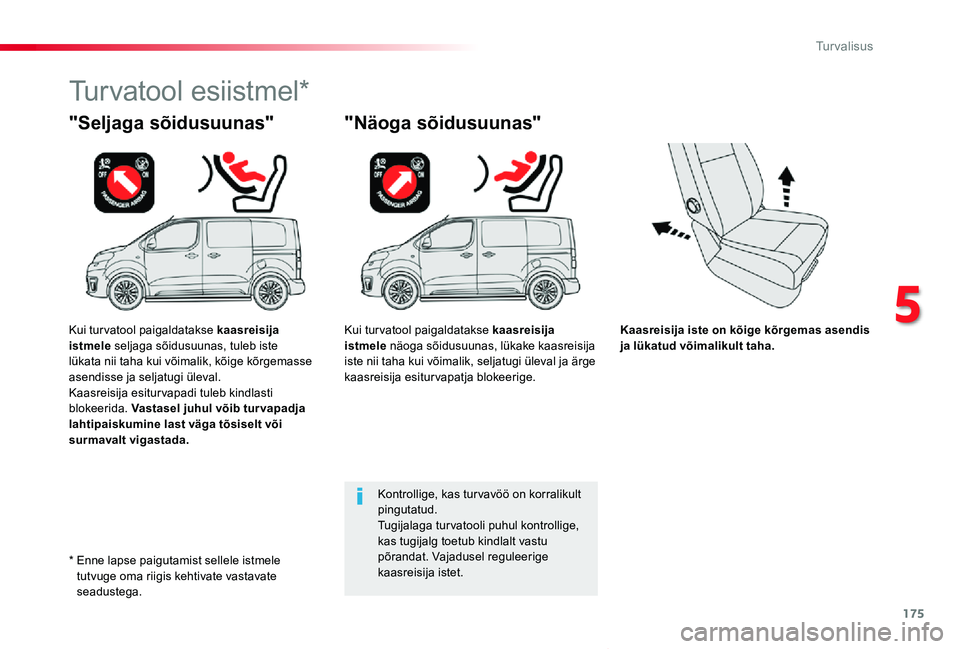 TOYOTA PROACE VERSO 2019  Kasutusjuhend (in Estonian) 175
Proace verso_et_Chap05_securite_ed01-2019
Kaasreisija iste on kõige kõrgemas asendis ja lükatud võimalikult taha.
"Seljaga sõidusuunas"
Turvatool esiistmel*
"Näoga sõidusuunas&#