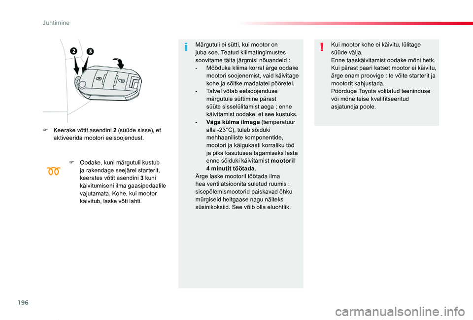 TOYOTA PROACE VERSO 2019 Kasutusjuhend (in Estonian) 196
Proace verso_et_Chap06_conduite_ed01-2019
F Keerake võtit asendini 2 (süüde sisse), et aktiveerida mootori eelsoojendust.
F Oodake, kuni märgutuli kustub ja rakendage seejärel starterit, keer TOYOTA PROACE VERSO 2019 Kasutusjuhend (in Estonian) 196
Proace verso_et_Chap06_conduite_ed01-2019
F Keerake võtit asendini 2 (süüde sisse), et aktiveerida mootori eelsoojendust.
F Oodake, kuni märgutuli kustub ja rakendage seejärel starterit, keer