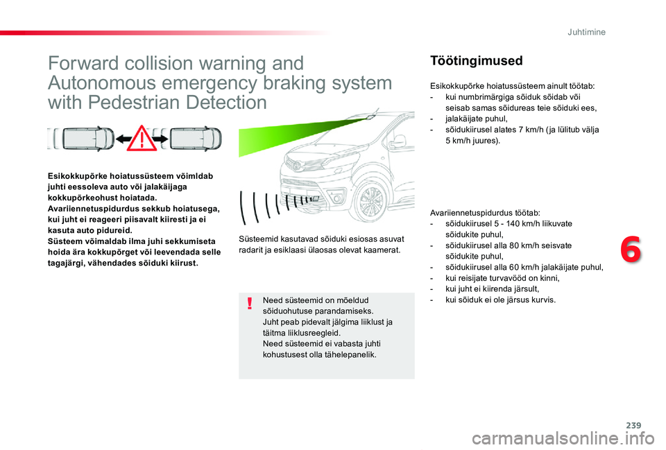 TOYOTA PROACE VERSO 2019 Kasutusjuhend (in Estonian) 239
Proace verso_et_Chap06_conduite_ed01-2019
Forward collision warning and
Autonomous emergency braking system
with Pedestrian Detection
Töötingimused
Avariiennetuspidurdus töötab:- sõidukiiru TOYOTA PROACE VERSO 2019 Kasutusjuhend (in Estonian) 239
Proace verso_et_Chap06_conduite_ed01-2019
Forward collision warning and
Autonomous emergency braking system
with Pedestrian Detection
Töötingimused
Avariiennetuspidurdus töötab:- sõidukiiru