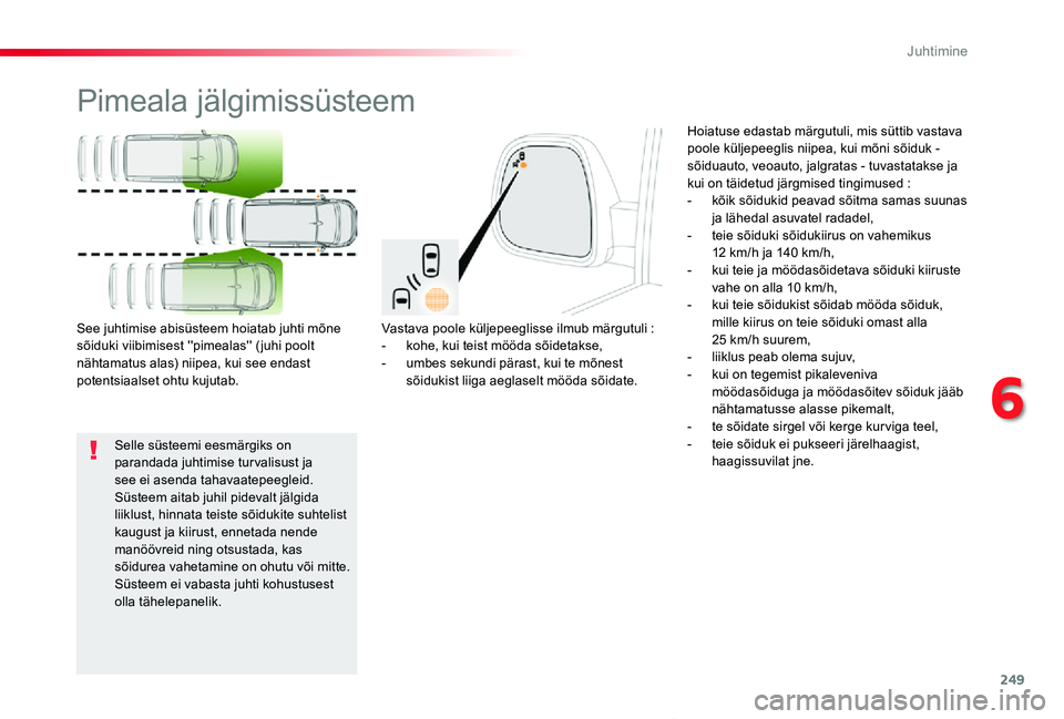 TOYOTA PROACE VERSO 2019 Kasutusjuhend (in Estonian) 249
Proace verso_et_Chap06_conduite_ed01-2019
Pimeala jälgimissüsteem
Vastava poole küljepeeglisse ilmub märgutuli :- kohe, kui teist mööda sõidetakse,- umbes sekundi pärast, kui te mõnest s TOYOTA PROACE VERSO 2019 Kasutusjuhend (in Estonian) 249
Proace verso_et_Chap06_conduite_ed01-2019
Pimeala jälgimissüsteem
Vastava poole küljepeeglisse ilmub märgutuli :- kohe, kui teist mööda sõidetakse,- umbes sekundi pärast, kui te mõnest s