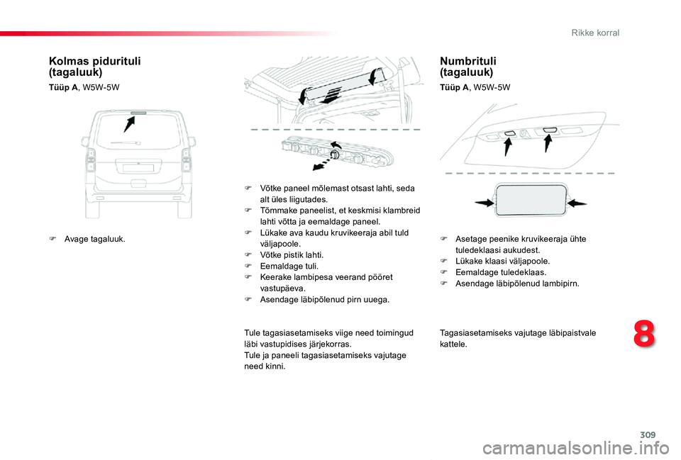 TOYOTA PROACE VERSO 2019  Kasutusjuhend (in Estonian) 309
Proace verso_et_Chap08_En-cas-de-panne_ed01-2019
Tagasiasetamiseks vajutage läbipaistvale kattele.
F Võtke paneel mõlemast otsast lahti, seda alt üles liigutades.F Tõmmake paneelist, et keskm