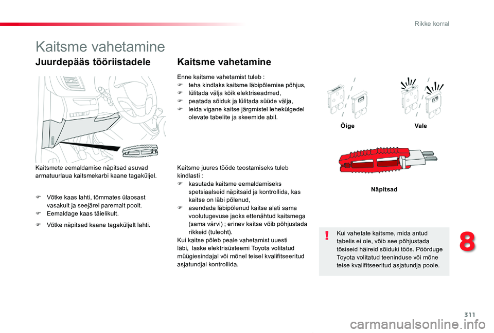 TOYOTA PROACE VERSO 2019 Kasutusjuhend (in Estonian) 311
Proace verso_et_Chap08_En-cas-de-panne_ed01-2019
F Võtke kaas lahti, tõmmates ülaosast vasakult ja seejärel paremalt poolt.F Eemaldage kaas täielikult.
ÕigeVale
Näpitsad
Juurdepääs töör TOYOTA PROACE VERSO 2019 Kasutusjuhend (in Estonian) 311
Proace verso_et_Chap08_En-cas-de-panne_ed01-2019
F Võtke kaas lahti, tõmmates ülaosast vasakult ja seejärel paremalt poolt.F Eemaldage kaas täielikult.
ÕigeVale
Näpitsad
Juurdepääs töör
