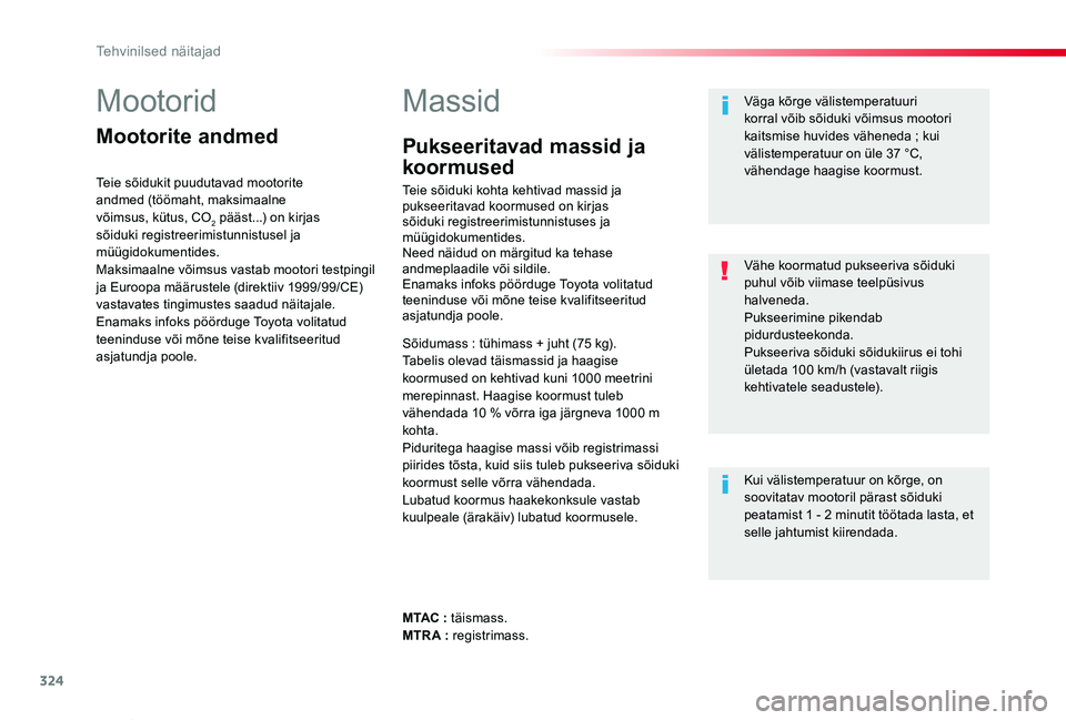 TOYOTA PROACE VERSO 2019 Kasutusjuhend (in Estonian) 324
Proace verso_et_Chap09_caracteristiques-techniques_ed01-2019
Mootorid
Mootorite andmed
Teie sõidukit puudutavad mootorite andmed (töömaht, maksimaalne võimsus, kütus, CO2 pääst...) on kirja TOYOTA PROACE VERSO 2019 Kasutusjuhend (in Estonian) 324
Proace verso_et_Chap09_caracteristiques-techniques_ed01-2019
Mootorid
Mootorite andmed
Teie sõidukit puudutavad mootorite andmed (töömaht, maksimaalne võimsus, kütus, CO2 pääst...) on kirja