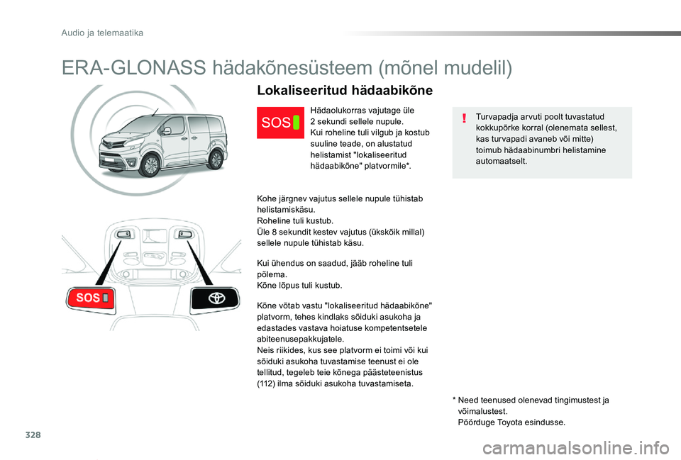 TOYOTA PROACE VERSO 2019 Kasutusjuhend (in Estonian) 328
Proace verso_et_Chap10a_BTA_ed01-2019
ERA-GLONASS hädakõnesüsteem (mõnel mudelil)
Turvapadja arvuti poolt tuvastatud kokkupõrke korral (olenemata sellest, kas tur vapadi avaneb või mitte) to TOYOTA PROACE VERSO 2019 Kasutusjuhend (in Estonian) 328
Proace verso_et_Chap10a_BTA_ed01-2019
ERA-GLONASS hädakõnesüsteem (mõnel mudelil)
Turvapadja arvuti poolt tuvastatud kokkupõrke korral (olenemata sellest, kas tur vapadi avaneb või mitte) to