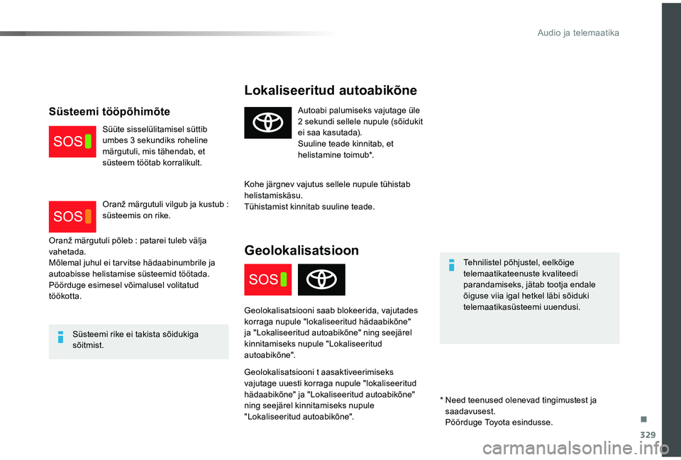 TOYOTA PROACE VERSO 2019 Kasutusjuhend (in Estonian) 329
Proace verso_et_Chap10a_BTA_ed01-2019
Lokaliseeritud autoabikõne
Tehnilistel põhjustel, eelkõige telemaatikateenuste kvaliteedi parandamiseks, jätab tootja endale õiguse viia igal hetkel läb TOYOTA PROACE VERSO 2019 Kasutusjuhend (in Estonian) 329
Proace verso_et_Chap10a_BTA_ed01-2019
Lokaliseeritud autoabikõne
Tehnilistel põhjustel, eelkõige telemaatikateenuste kvaliteedi parandamiseks, jätab tootja endale õiguse viia igal hetkel läb