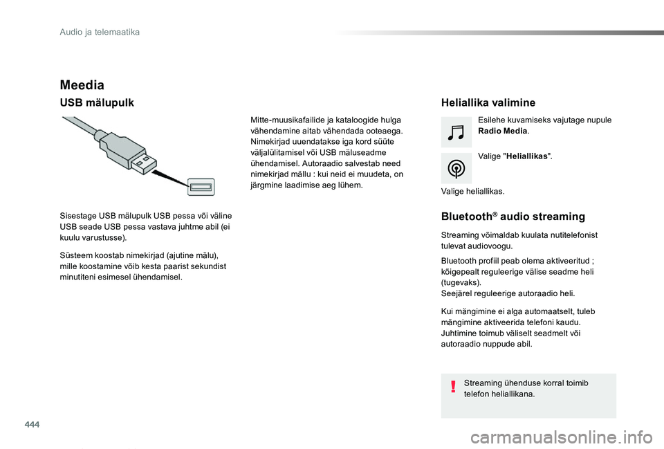 TOYOTA PROACE VERSO 2019 Kasutusjuhend (in Estonian) 444
Proace verso_et_Chap10c_RCC-1_ed01-2019
Meedia
USB mälupulkHeliallika valimine
Valige "Heliallikas".
Esilehe kuvamiseks vajutage nupule Radio Media.
Süsteem koostab nimekirjad (ajutine m TOYOTA PROACE VERSO 2019 Kasutusjuhend (in Estonian) 444
Proace verso_et_Chap10c_RCC-1_ed01-2019
Meedia
USB mälupulkHeliallika valimine
Valige "Heliallikas".
Esilehe kuvamiseks vajutage nupule Radio Media.
Süsteem koostab nimekirjad (ajutine m