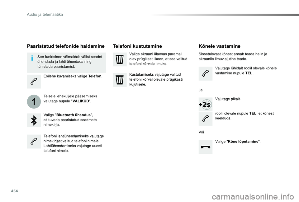 TOYOTA PROACE VERSO 2019  Kasutusjuhend (in Estonian) 454
1
Proace verso_et_Chap10c_RCC-1_ed01-2019
Kõnele vastamine
Sissetulevast kõnest annab teada helin ja ekraanile ilmuv ajutine teade.
Vajutage lühidalt roolil olevale kõnele vastamise nupule TEL