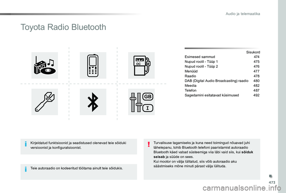 TOYOTA PROACE VERSO 2019  Kasutusjuhend (in Estonian) 473
Proace verso_et_Chap10d_RD6_ed01-2019
Toyota Radio Bluetooth
SisukordEsimesed sammud  474
Nupud roolil - Tüüp 1  475
Nupud roolil - Tüüp 2 476
Menüüd 477
Raadio 478
DAB (Digital Audio Broadc