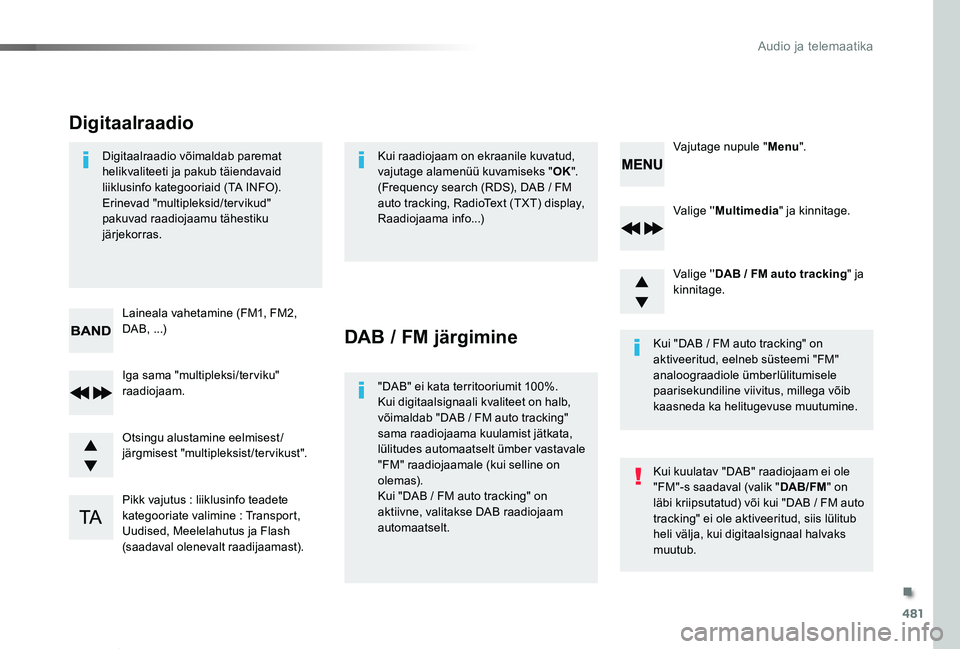 TOYOTA PROACE VERSO 2019 Kasutusjuhend (in Estonian) 481
Proace verso_et_Chap10d_RD6_ed01-2019
Valige ' 'Multimedia" ja kinnitage.
Valige ' 'DAB / FM auto tracking" ja kinnitage.
Pikk vajutus : liiklusinfo teadete kategooriate va TOYOTA PROACE VERSO 2019 Kasutusjuhend (in Estonian) 481
Proace verso_et_Chap10d_RD6_ed01-2019
Valige ' 'Multimedia" ja kinnitage.
Valige ' 'DAB / FM auto tracking" ja kinnitage.
Pikk vajutus : liiklusinfo teadete kategooriate va