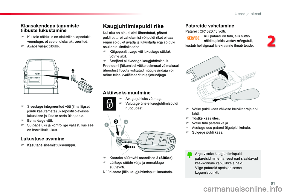 TOYOTA PROACE VERSO 2019 Kasutusjuhend (in Estonian) 51
Proace verso_et_Chap02_ouvertures_ed01-2019
Patareide vahetamine
Ärge visake kaugjuhtimispuldi patareisid minema, sest nad sisaldavad keskkonnale kahjulikke aineid.Viige patareid spetsiaalsesse ko TOYOTA PROACE VERSO 2019 Kasutusjuhend (in Estonian) 51
Proace verso_et_Chap02_ouvertures_ed01-2019
Patareide vahetamine
Ärge visake kaugjuhtimispuldi patareisid minema, sest nad sisaldavad keskkonnale kahjulikke aineid.Viige patareid spetsiaalsesse ko