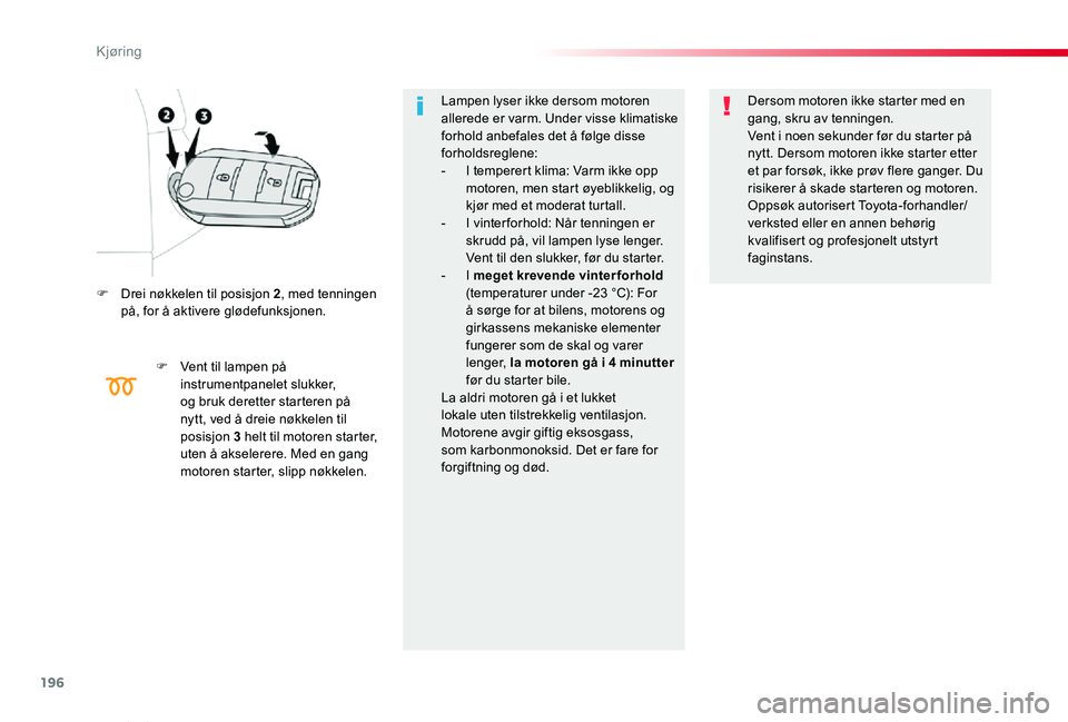 TOYOTA PROACE VERSO 2019  Instruksjoner for bruk (in Norwegian) 196
ProAce_verso_NO_Chap06_conduite_ed01-2019
F Drei nøkkelen til posisjon 2, med tenningen på, for å aktivere glødefunksjonen.
F Vent til lampen på instrumentpanelet slukker, og bruk deretter st